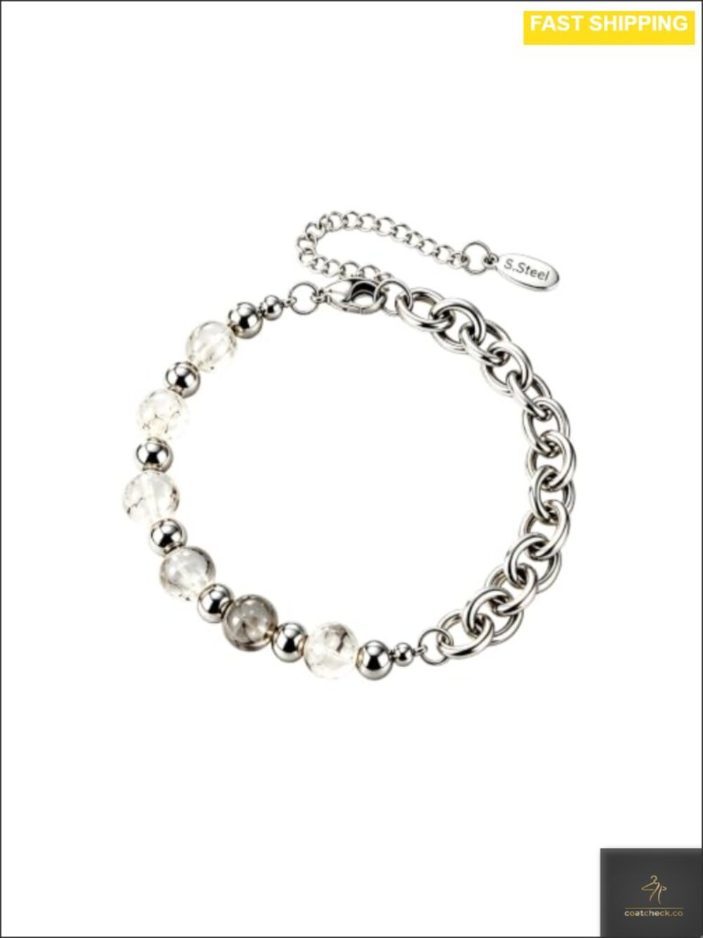 Mens Stainless Steel Natural Crystal Bracelet Cuban Link Adjustable